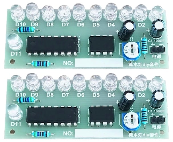 A soldering practice kit featuring a NE555 timer and CD4017 decade counter chips